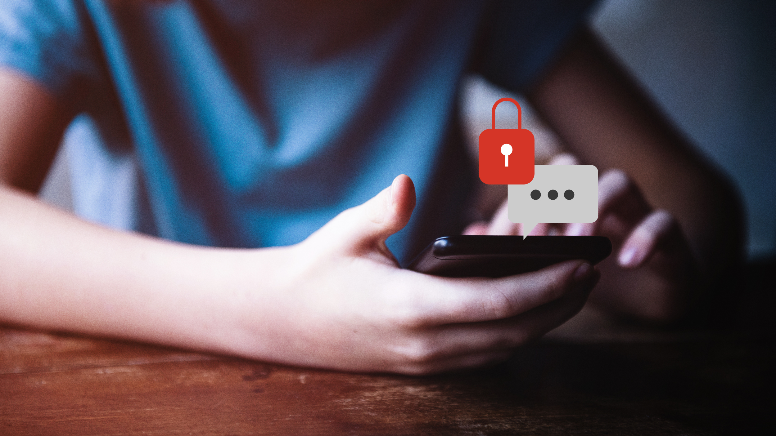 Child using a mobile phone with a message and lock icon