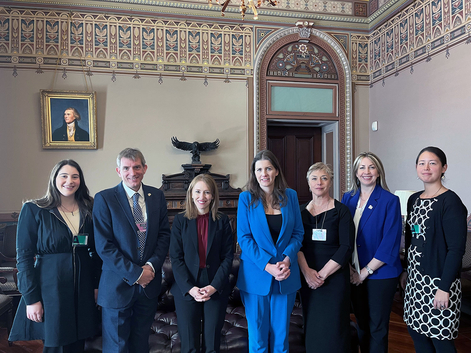 IWF CEO Susie Hargreaves, third from right, joined a select group of experts for a roundtable at the White House, including (l-r) Dr Elissa Redmiles, Georgetown University; David Wright, South West Grid for Learning; Rachel Vogelstein, Special Assistant to the President and Deputy Director, White House Gender Policy Council; Michelle Donelan MP, Secretary of State for the UK’s DSIT; NCMEC CEO Michelle DeLaune; & Dr Rebecca Portnoff, Head of Data Science at Thorn.