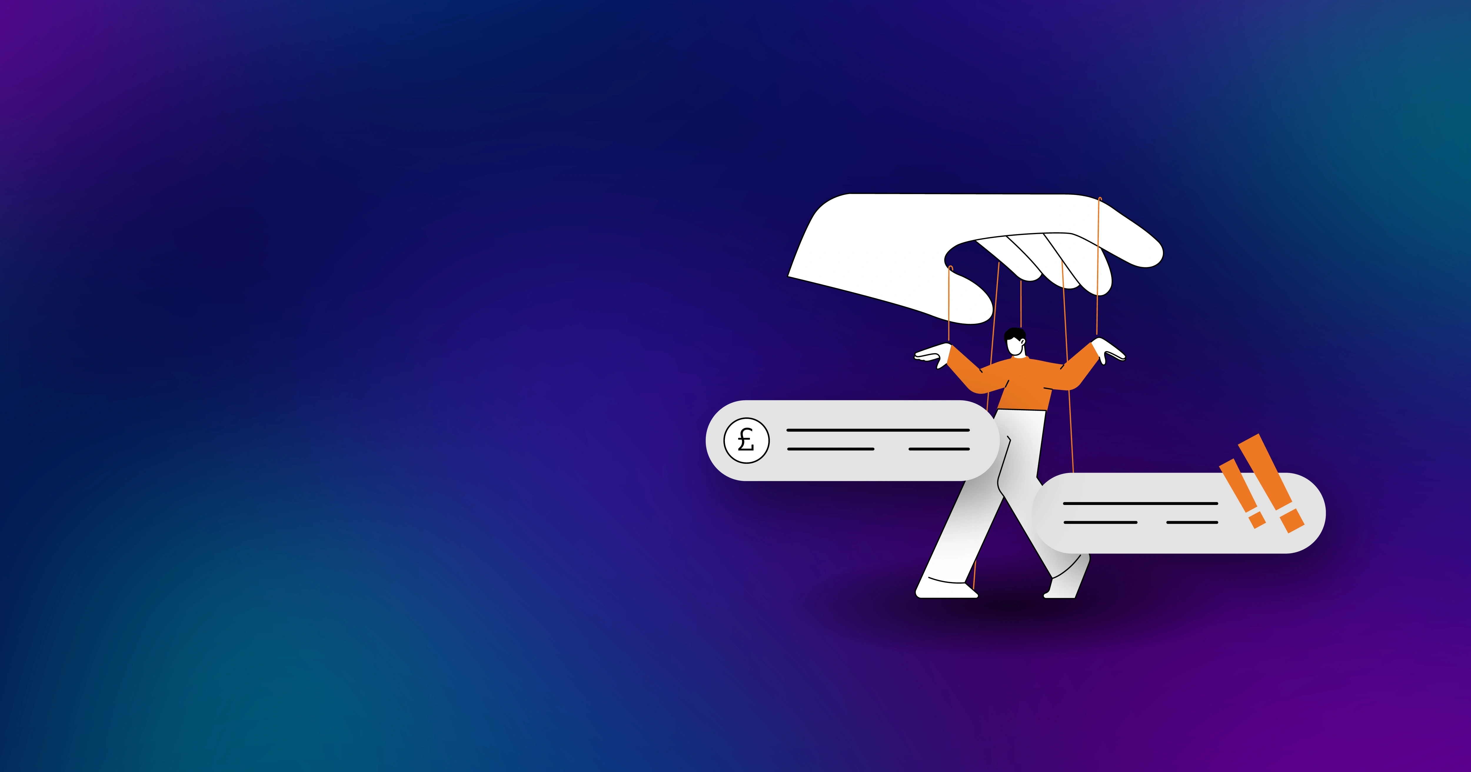 Illustration of a person as a puppet on strings with text messages