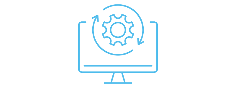 Icon of computer screen showing tech and cog